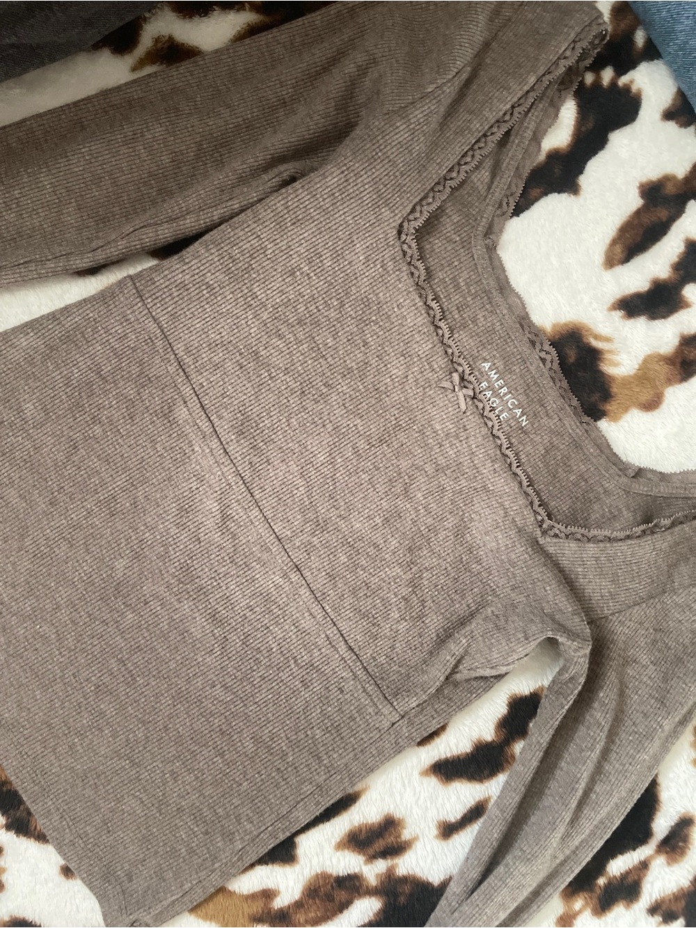 American Eagle Ribbed Lace-Trim Long Sleeve Top - Taupe Brown